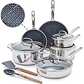 Blue Diamond Hybrid Nonstick Stainless Steel 12 Piece Cookware Set, Tri-Ply PFAS-Free Ceramic Diamond Bond Pots & Pans, Dishwasher & Oven Safe to 850F, Induction Ready, Metal Utensil Safe, Silver