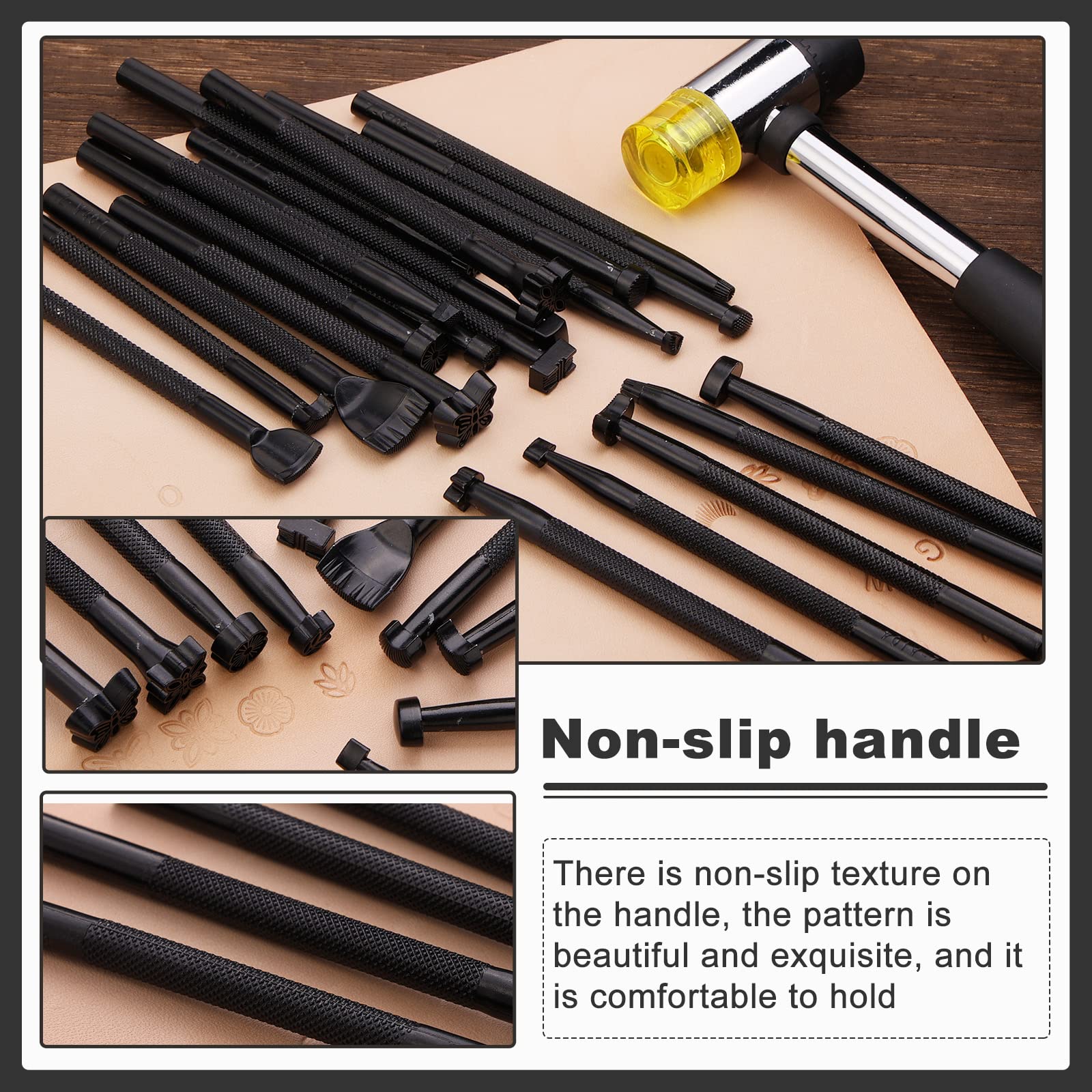 Wonvoc 21 Pcs Leather Stamping Tools, Leather Stamping Kit with 20 Patterns, Leather Carving Kit, Leather Stamping Tools Geometric, Leathercraft Stamping Tools and Mallet for DIY Leather Crafts