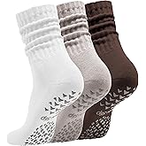 Acomono Women’s Pilates Socks with Grips – 3 Pairs Scrunch Crew Non-Slip Yoga Barre Workout Hospital Slipper Slouch Socks