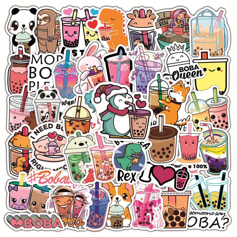 50Pcs Cartoon Beverage Stickers, Trendy Summer Bubble Milk Tea Flavored Drink Animal Sticker Pack, Cute Vinyl Waterproof Decals for Kids Teens, Party Favors for Water Bottle Laptop Phone