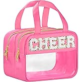 BuyCard Cheer Chenille Letter Bags Clear Makeup Bag for Travel, Cheerleader Gifts Cosmetic Bag with Handles and Zipper, Nylon & PVC Waterproof Large Cheer Accessories Toiletry Bag for Women