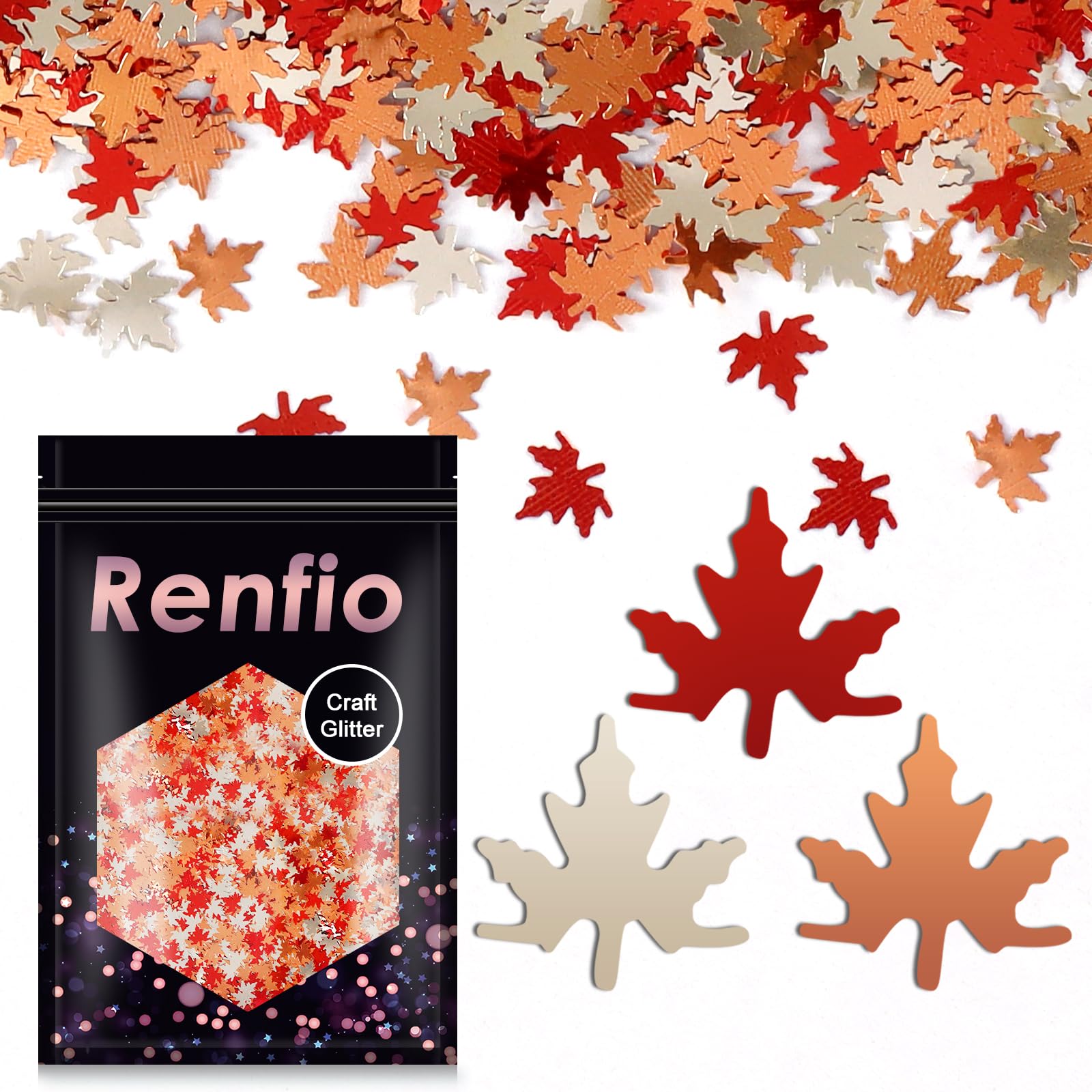 Renfio Maple Leaf Confetti Glitter 1.75 Oz (50g) Leaves Shiny Sequin Glitters Resin Sparkle Chunky Sequins for DIY Mold Art Nail Artwork Holiday Decoration - Red Yellow