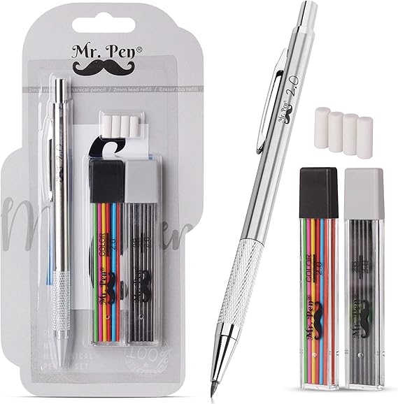 Mr. Pen Mechanical Pencil 2mm, 1 Metal Mechanical Pencil with 2 Pack