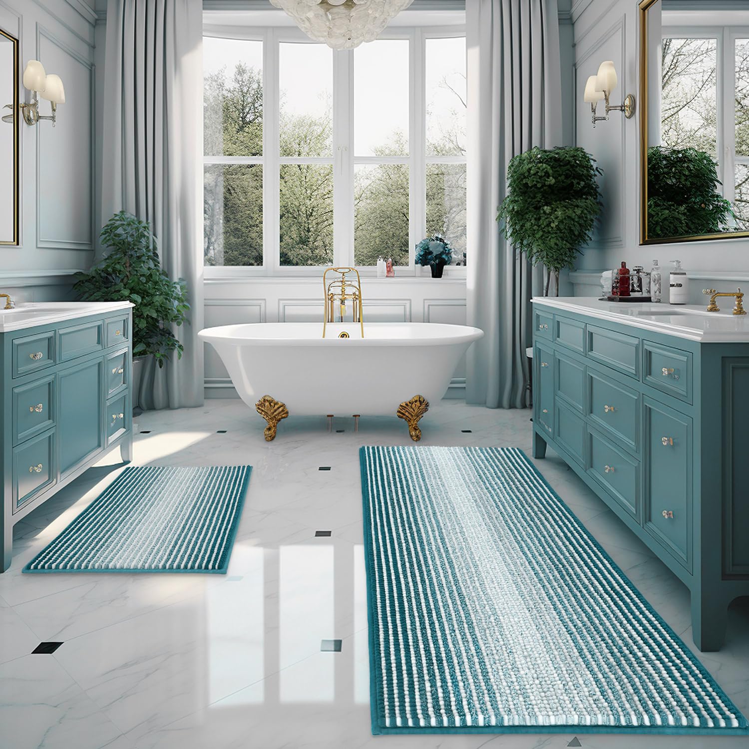 Photo 1 of BSICPRO Bathroom Rugs and Mats Sets, 2 Piece Thick Absorbent Chenille Bath Mat Rug Set Non Slip, Soft Shaggy Bath Room Floor Mats for Bathroom, Machine Washable (20" x 60" Plus 20" x 32", Teal)