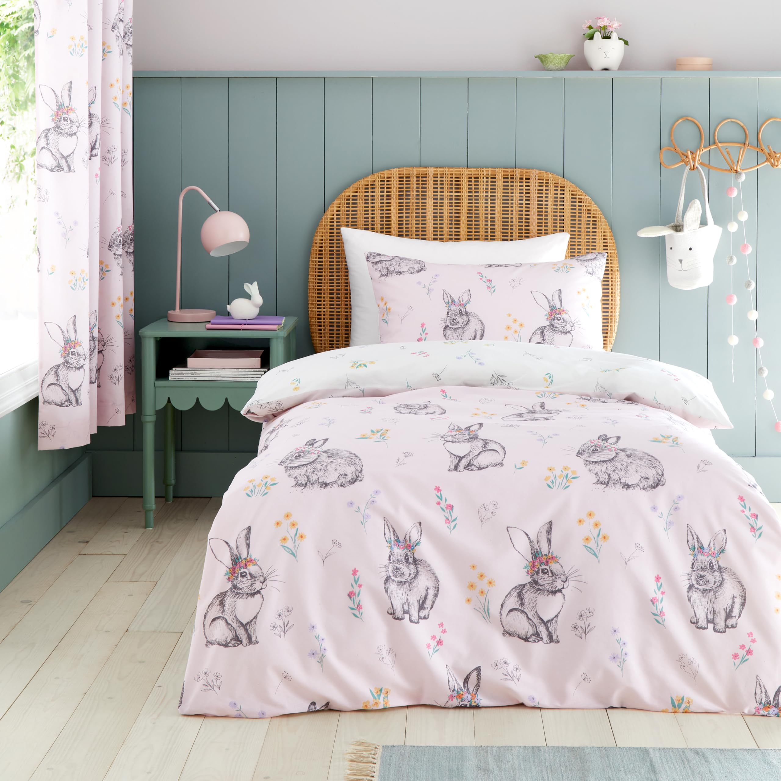 Catherine Lansfield Bunny Tails Ditsy Flowers Reversible Junior Duvet Cover Set with Pillowcase, Pink