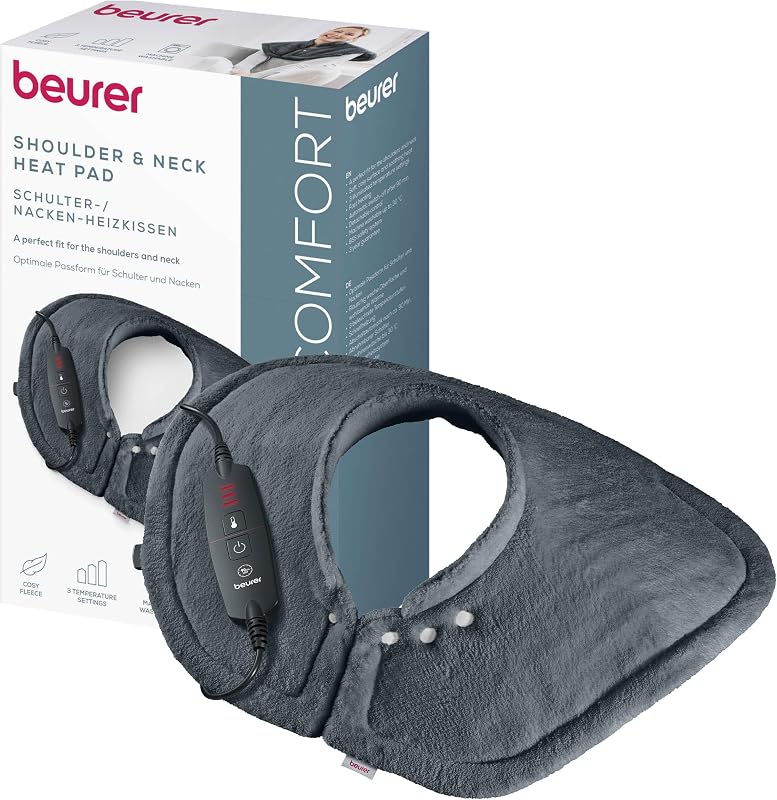 Almofada elétrica acolhedora HK 66 para o ombro e pescoço, almofada elétrica de forma anatómica com fecho magnético, 3 níveis de temperatura com mecanismo de desconexão automática, lavável