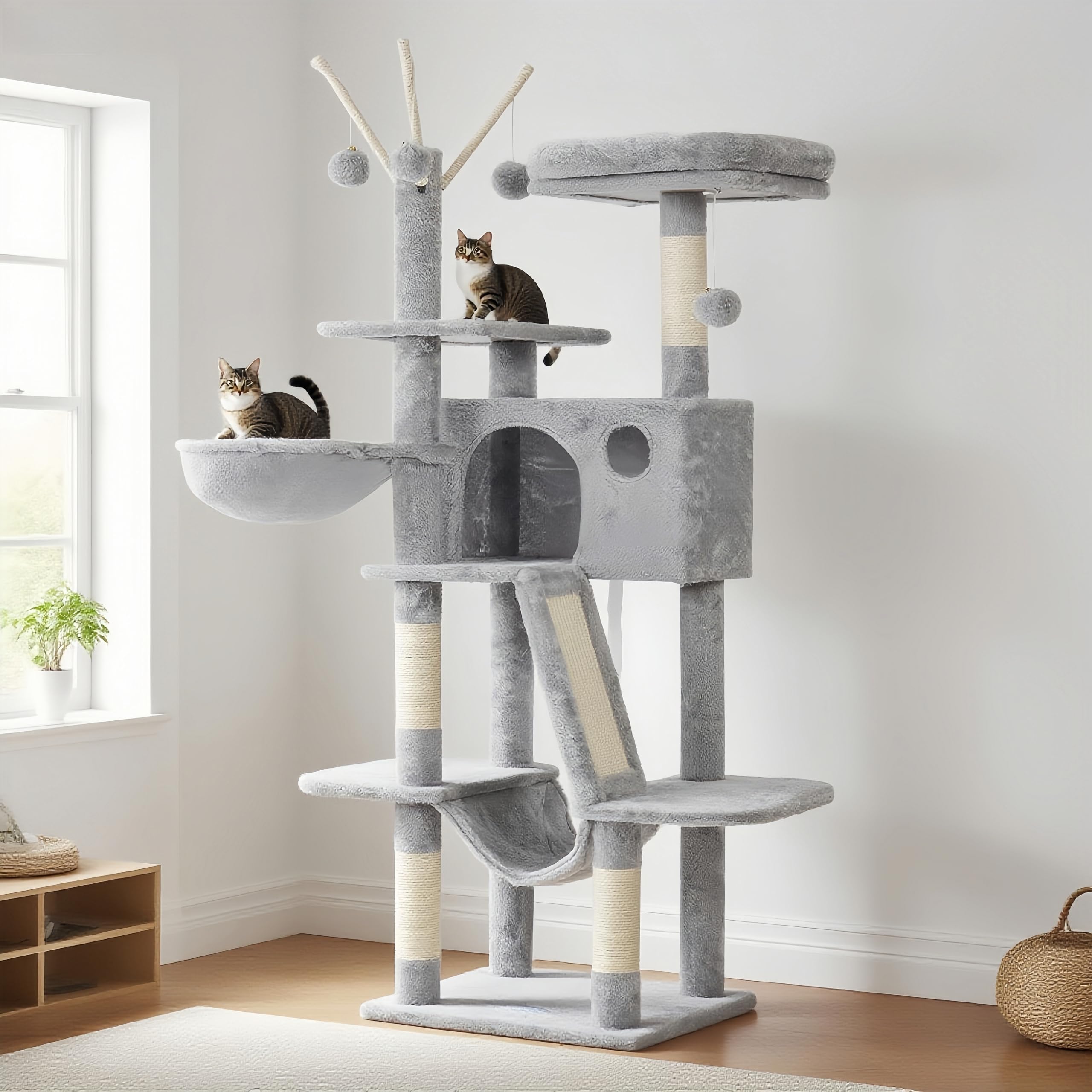 Photo 1 of ***POSSIBLY FOR PARTS /MISSING ASSEMBLY PIECES*** Hey-brother Cat Tree, 53 inch Cat Tower for Indoor Cats, Cat House with Padded Platform Bed, Toy Balls, Large Cozy Condo, Hammocks and Sisal Scratching Posts, Light Gray MPJ019-SW