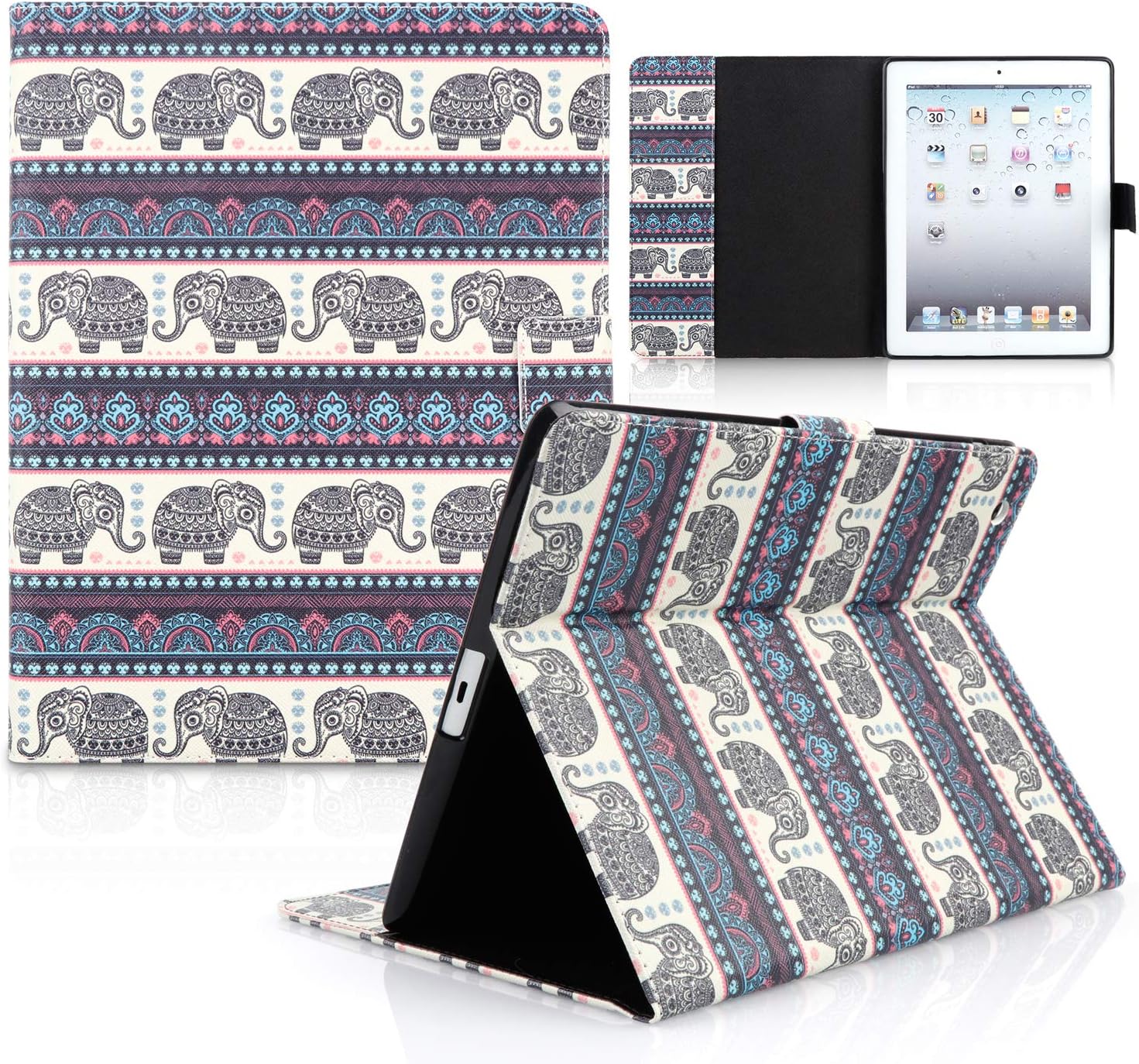 iPad Case, iPad 2/3/4 Case, HAOCOO Stylish Art Printed Flip PU Leather Stand Protective Case with Card Slots for Apple iPad 2/3/4 Generation (9.7 Inch) (Sketch Elephant)