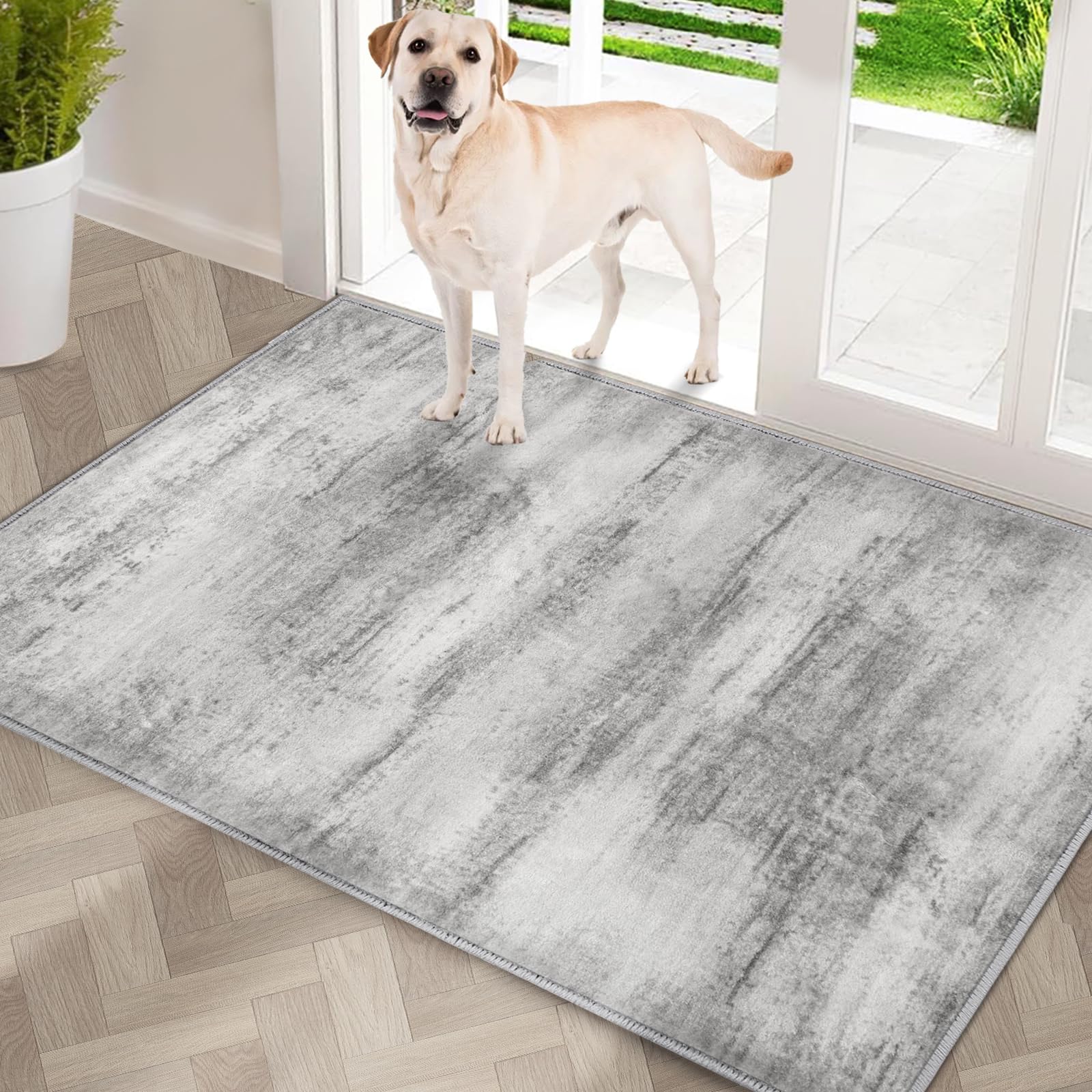 Photo 1 of COMSLE Door Mat, Front Door Mat Indoor for Entrance Faux Wool Absorbent Non Slip Modern Throw Rug for Entryway Hallway Muddy Paws - Pet Friendly, 24x36 Inches,Linear Gray Machine Washable