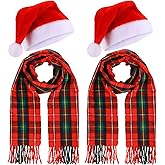 Coume Christmas Santa Hat and Scarf Set for Adults, Winter Plaid Scarf Warm Xmas Hat with Pompom for Men Women Holiday Gifts