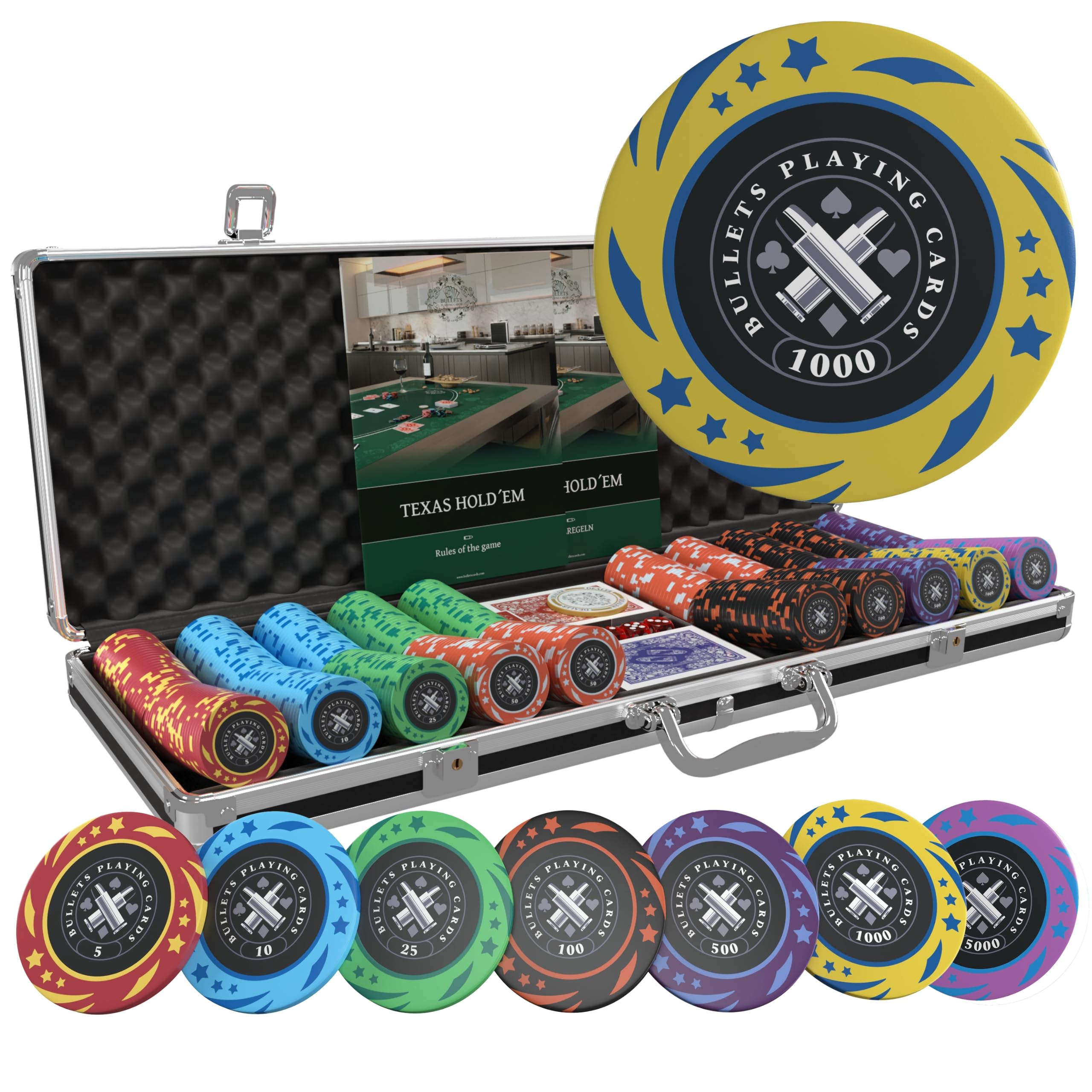 Bullets Playing Cards | Poker Case 500 Plastic Chips - Complete Set with Cards, Dice and Ceramic Dealer Button - Design Janice