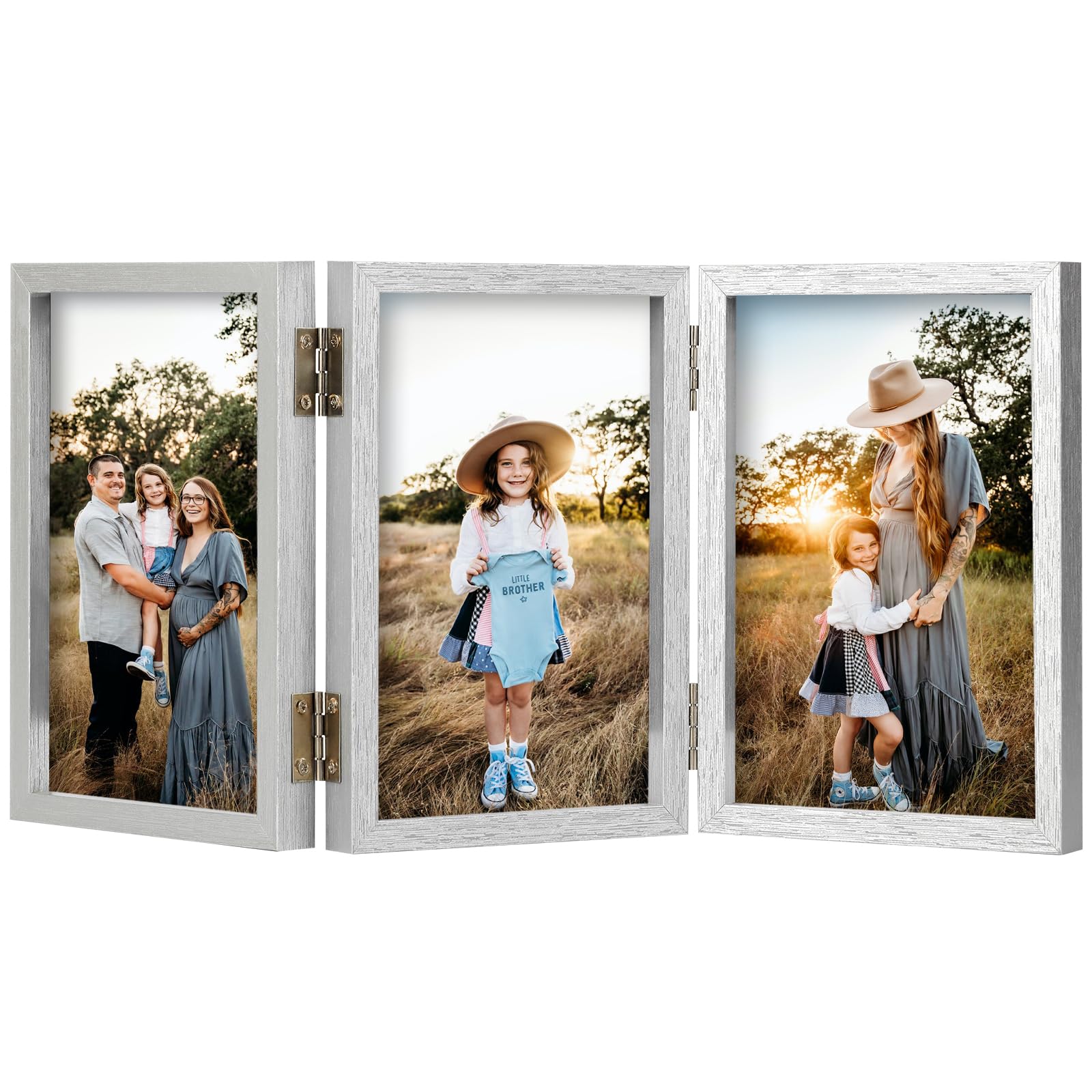 Triple 5x7 Photo Frame Hinged Folding Wood Picture Frame with Glass Front Stand Vertical on Desktop Silver