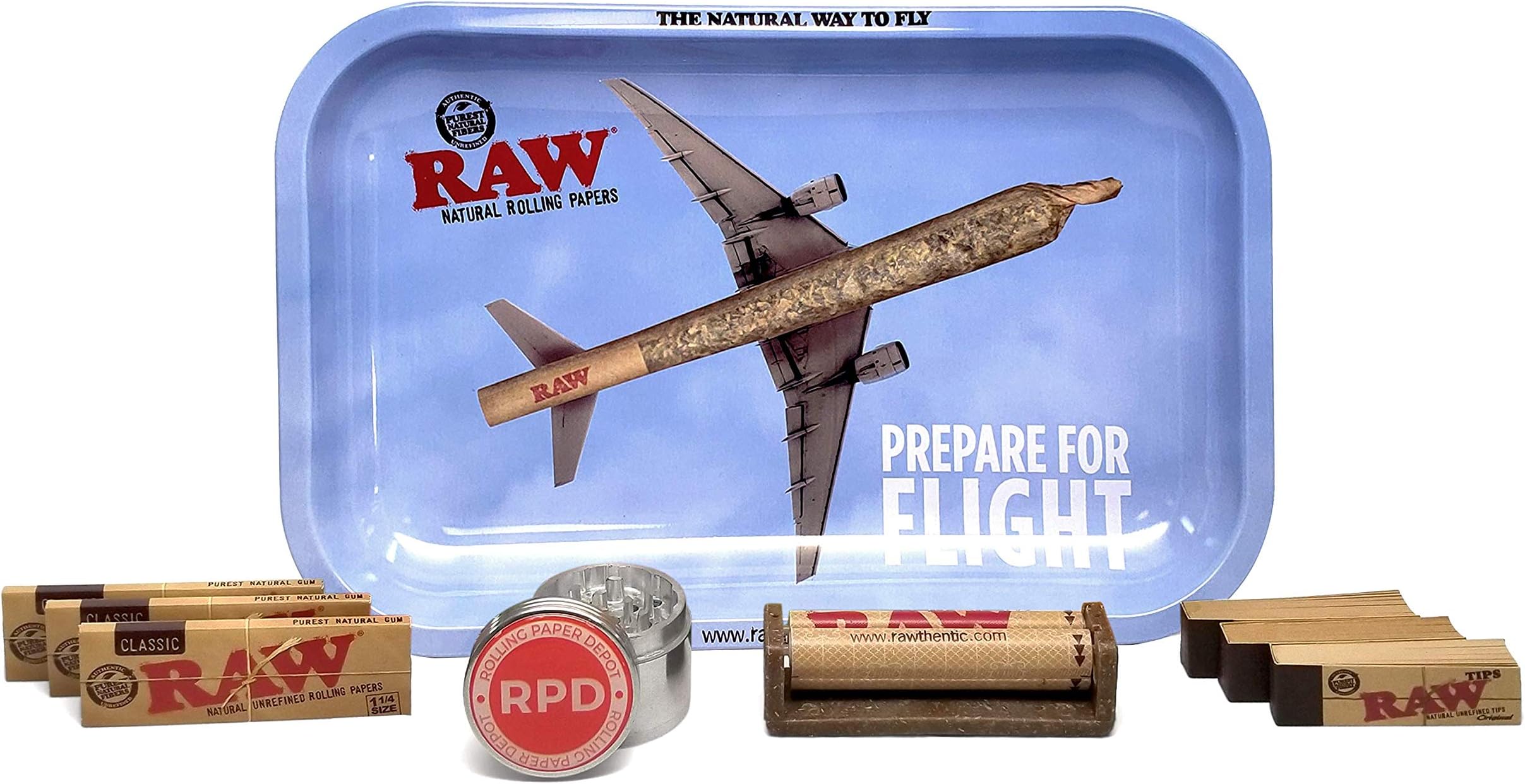 RAW Rolling Tray Small (Flight), Natural 1 1/4 Rolling Papers (3 Packs), 79mm Cigarette Roller, Tips (3 Packs), and Rolling Paper Depot 42mm 4 Piece Grinder - 9 Items - Bundle