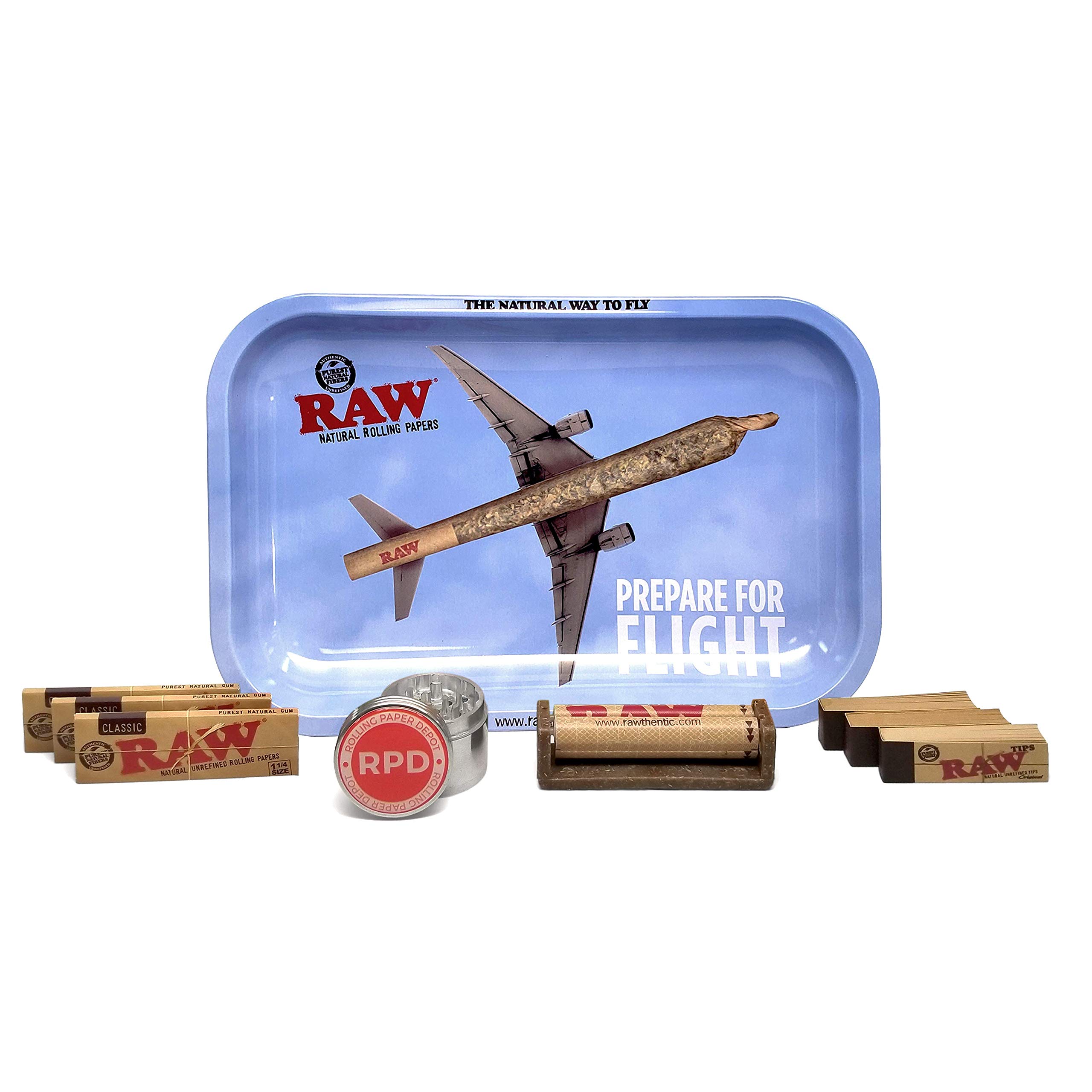 RAW Rolling Tray Small (Flight), Natural 1 1/4 Rolling Papers (3 Packs), 79mm Cigarette Roller, Tips (3 Packs), and Rolling Paper Depot 42mm 4 Piece Grinder - 9 Items - Bundle