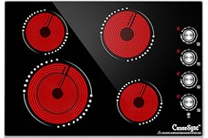 Cusinesync 30 Inch Electric Ceramic Cooktop, 4 Burner Built-in Electric Cooktop with 9 Power Levels, Knob Control, Auto shutdown and Residual Heat Warning, 7200W, 220-240V for Hard Wire