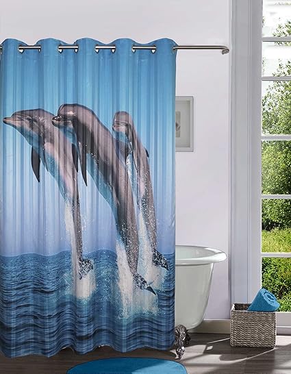 Lushomes Polyester Digitally Printed Dolphins Shower Curtain with 10 Eyelets (Multicolour)