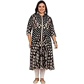 Yash Gallery Women's Rayon Floral Printed Flared Anarkali Kurta Summer Wear | Mandarin Neck,3/4 Sleeves,Gold Motif Detail,Front Border Work,Flower Design Near Bottom,Wide Shape,Festive Look