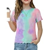 Arshiner Girls Lettuce Trim Short Sleeve Shirts Summer Ribbed Crewneck Tops