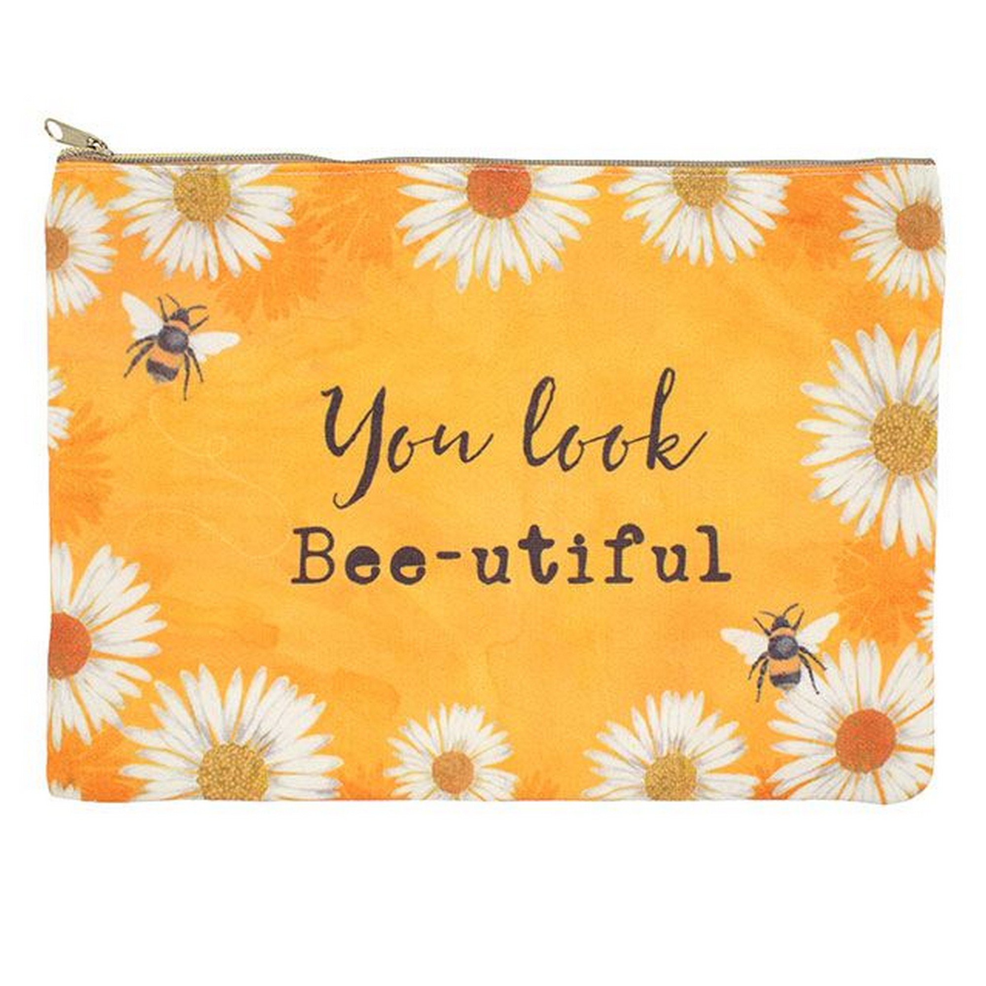 Vibrant Yellow Polyurethane "You Look Bee-utiful" Travel Makeup Pouch - 17cm x 23.5 cm (1 Pc.) - Spacious & Unique Design - Perfect for On-the-Go Makeup Storage & Organization