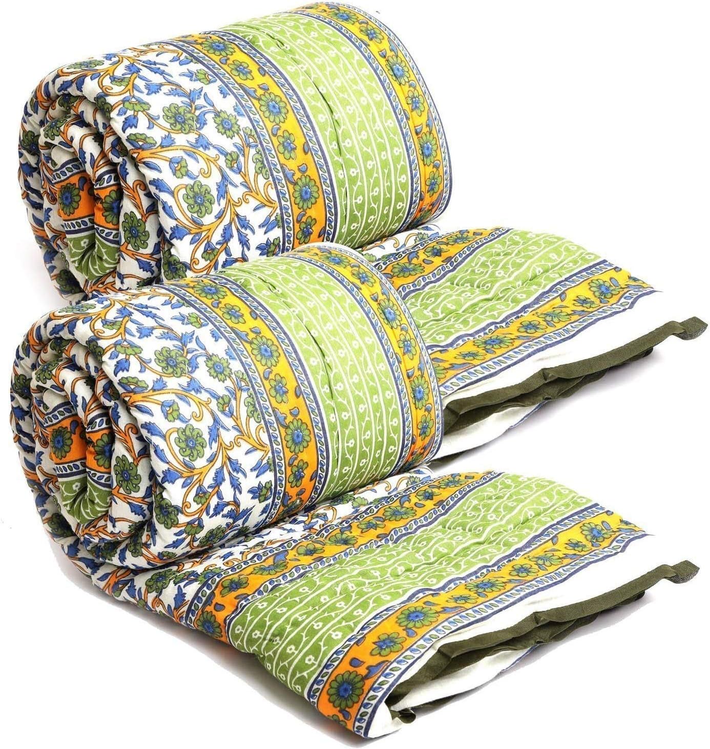 Royal Handicrafts Jaipuri Cotton Single Bed Quilt/Razai/Blanket - Traditional Rajasthani Print (Green, Set of 2)