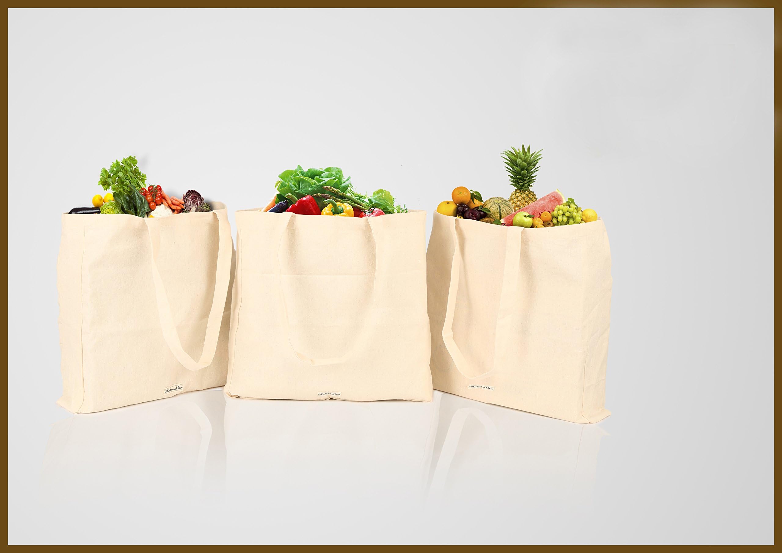Reusable Canvas Tote Bag - All cotton and linen-Set of 3-100% Organic Natural Cotton Canvas Bag, washable shopping bags, cotton grocery bag, canvas grocery bags (15.7" Hx15.7" W x 3.3") - 3 pack