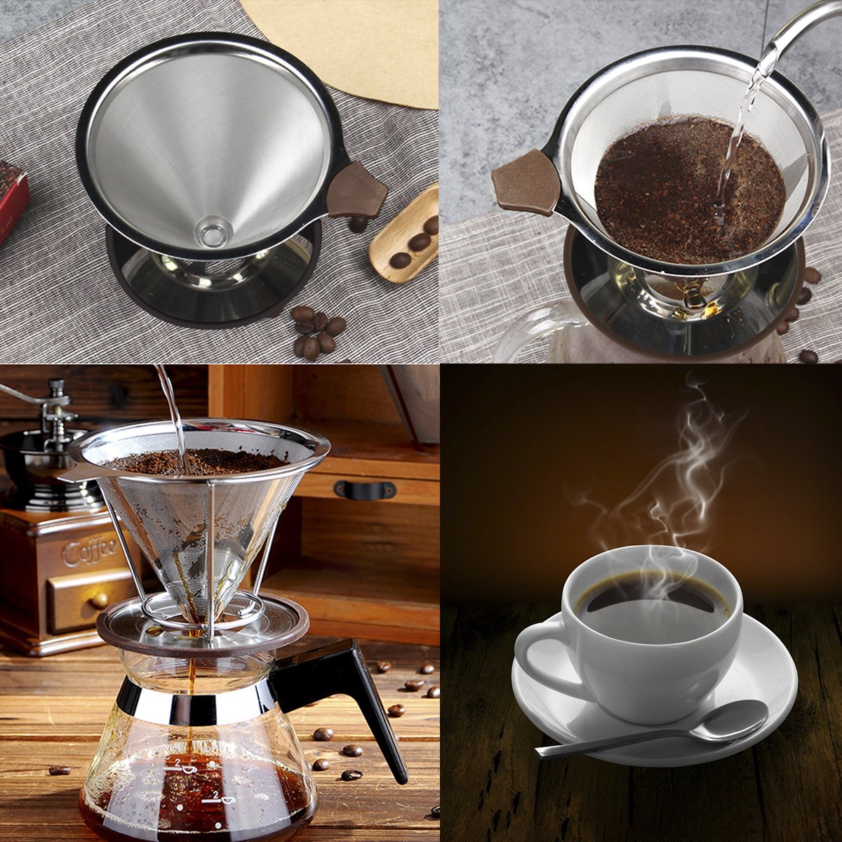 Pour Over Coffee Filter, Plaviya Permanent Coffee Strainer 304 Stainless Steel Dripper Reusable Cone Coffee Mesh Dripper Maker with Separate Stand, Spoon and Brush included, PBA Free
