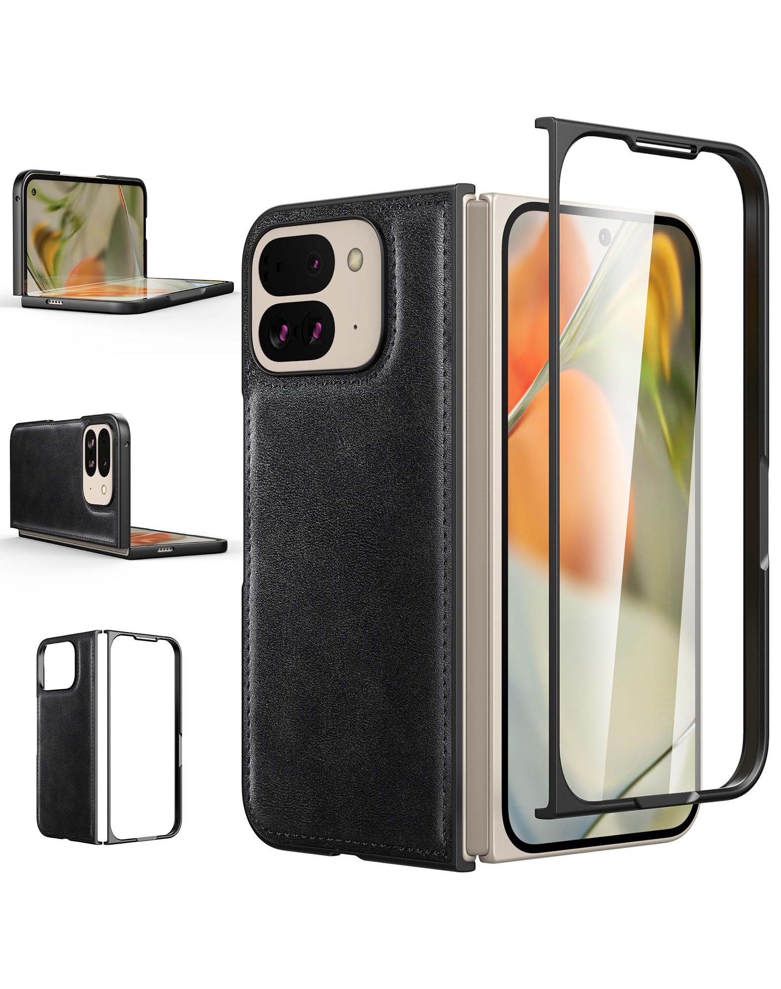 Foluu for Google Pixel 9 Pro Fold 2024 Case, with Front Built-in Screen Protector, Ultra Thin Slim PU Leather + Hard PC Durable Protective Phone Cover for Google Pixel 9 Pro Fold 2024 (Black)