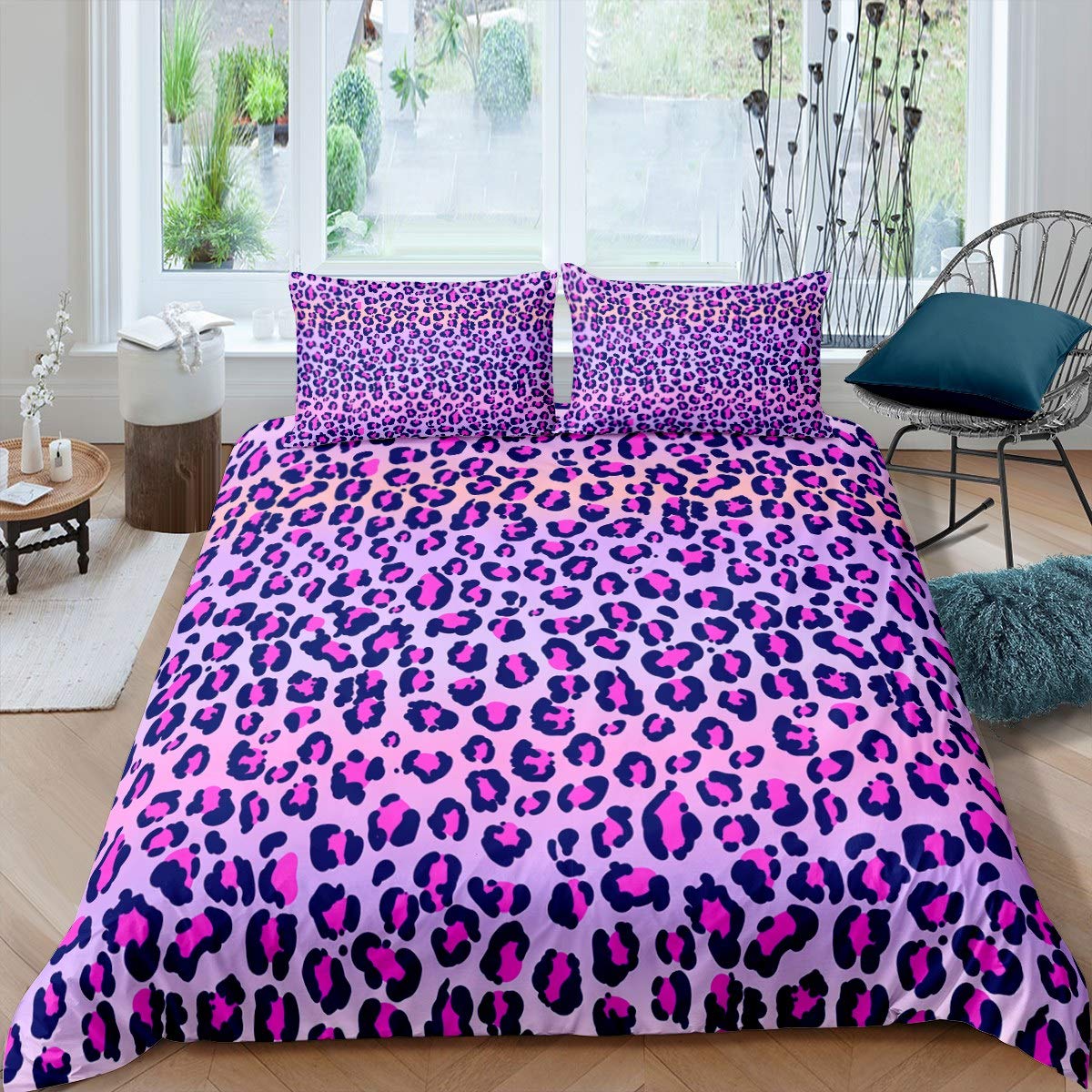 Loussiesd Leopard Print Duvet Cover Purple Cheetah Print Bedding Set Wild Animal Theme Comforter Cover for Girls Children Teens Bedroom Decor Stripe Bedspread Single Size With 1 Pillow Case