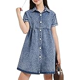 EXARUS Girls Denim Dress Short Sleeve Teen Button Down Jean Shirt Dresses Cute Trendy Casual Summer Spring Easter