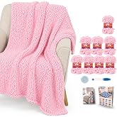 Aeelike Crochet Blanket Kit for Beginners,Pink Chenille Loop Yarn 800g | 8 Pack Finger Knitting Yarn Kit, No Tools Needed, Step-by-Step Tutorial, Quick Easy Hand Knitting Blankets,Ideal Craft Gift