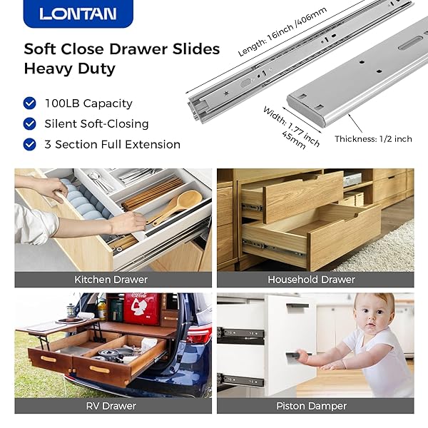 LONTAN 10 PAIRS SOFT CLOSE DRAWER SLIDES 18 INCH DRAWER GUIDES 3 FOLD FULL EXTENSION BALL BEARING HEAVY DUTY DRAWER SLIDES, 100LB CAPACITY
