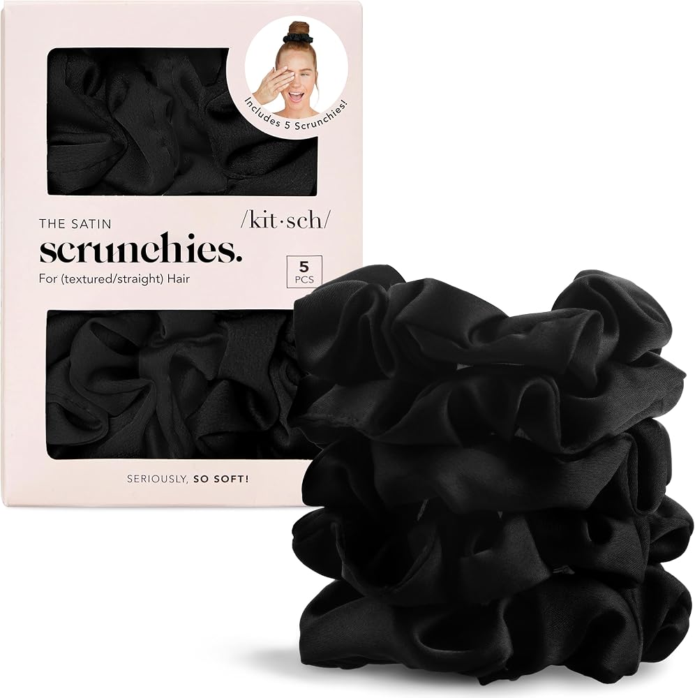 Kitsch Satin Scrunchies for Women | For All Hair Types - Black, 5pcs | Wake Up Frizz-Free, No Crease Hair Ties, Softer Than S