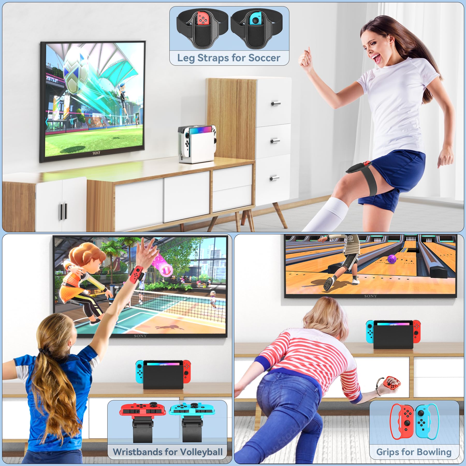 Switch Sports Zubehör Set mit Organizer kompatibel mit Switch/OLED, Aufbewahrung für Switch Sport Spiel Zubehör, Familienparty-Paket Sportspiele Accessories Bundle für Nintendo Switch & OLED 6