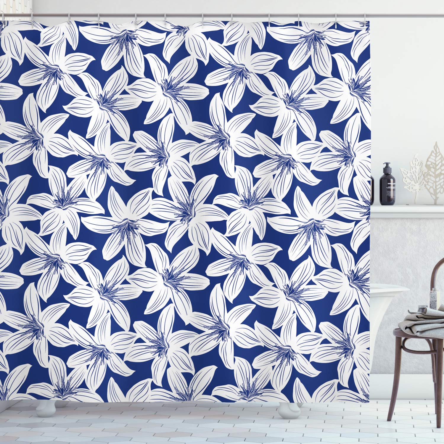 ABAKUHAUS Navy Shower Curtain, Tropical Hibiscus Flower Petals Exotic Blossoms Hawaiian Holiday Style Image, Cloth Fabric Bathroom Decor Set with Hooks, 78 Inches, White Dark Blue