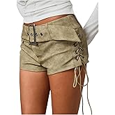 Floerns Women's Faux Leather Lace Up Side Low Rise Waist Mini Shorts Buckled Belt Western Y2k Suede Shorts