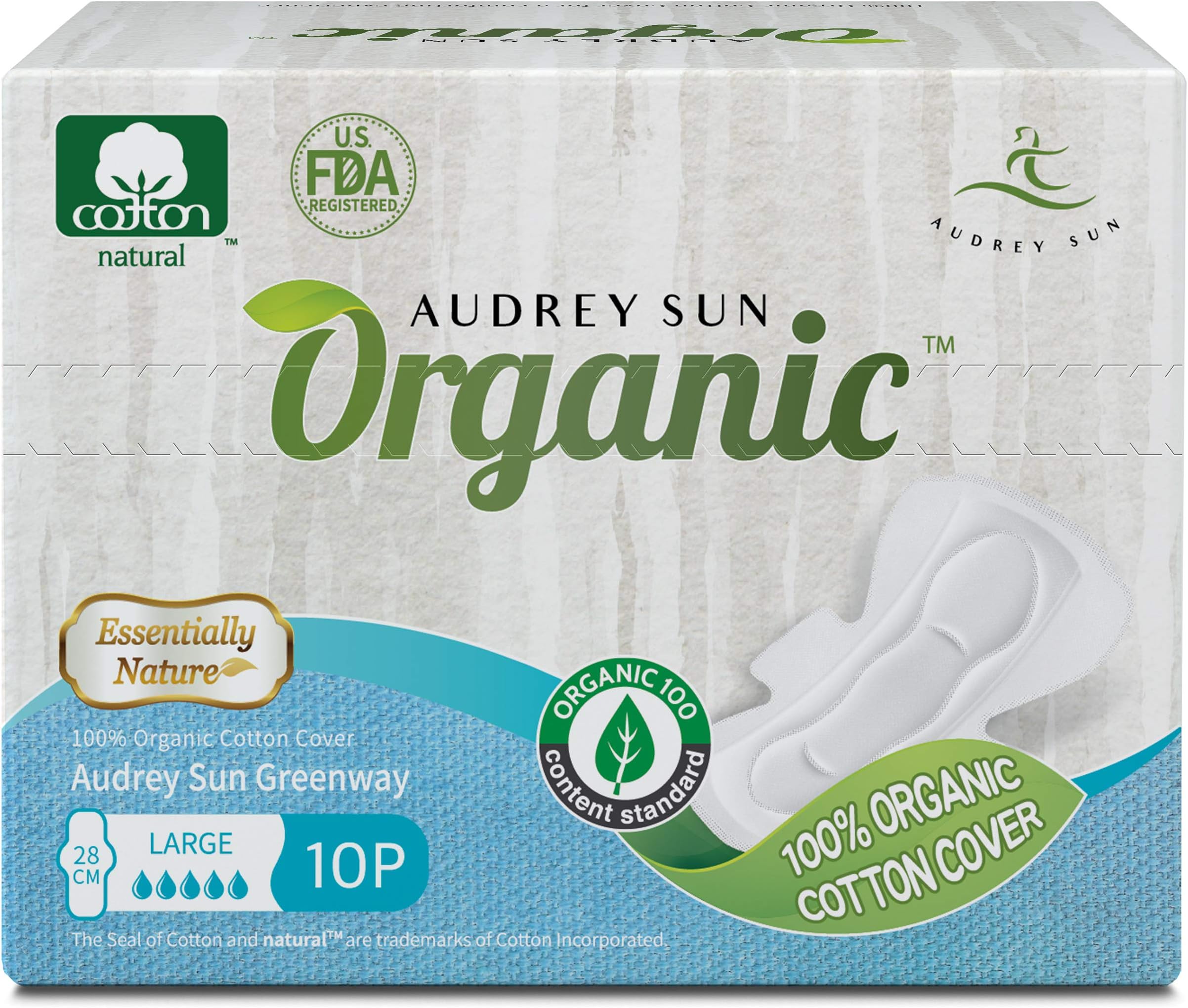 Audrey Sun Organic Pads and Organic Panty Liners for Women - Certified Organic Natural Cotton Pads - Large - 10 Count (Packaging May Vary) - Made in Korea LG10