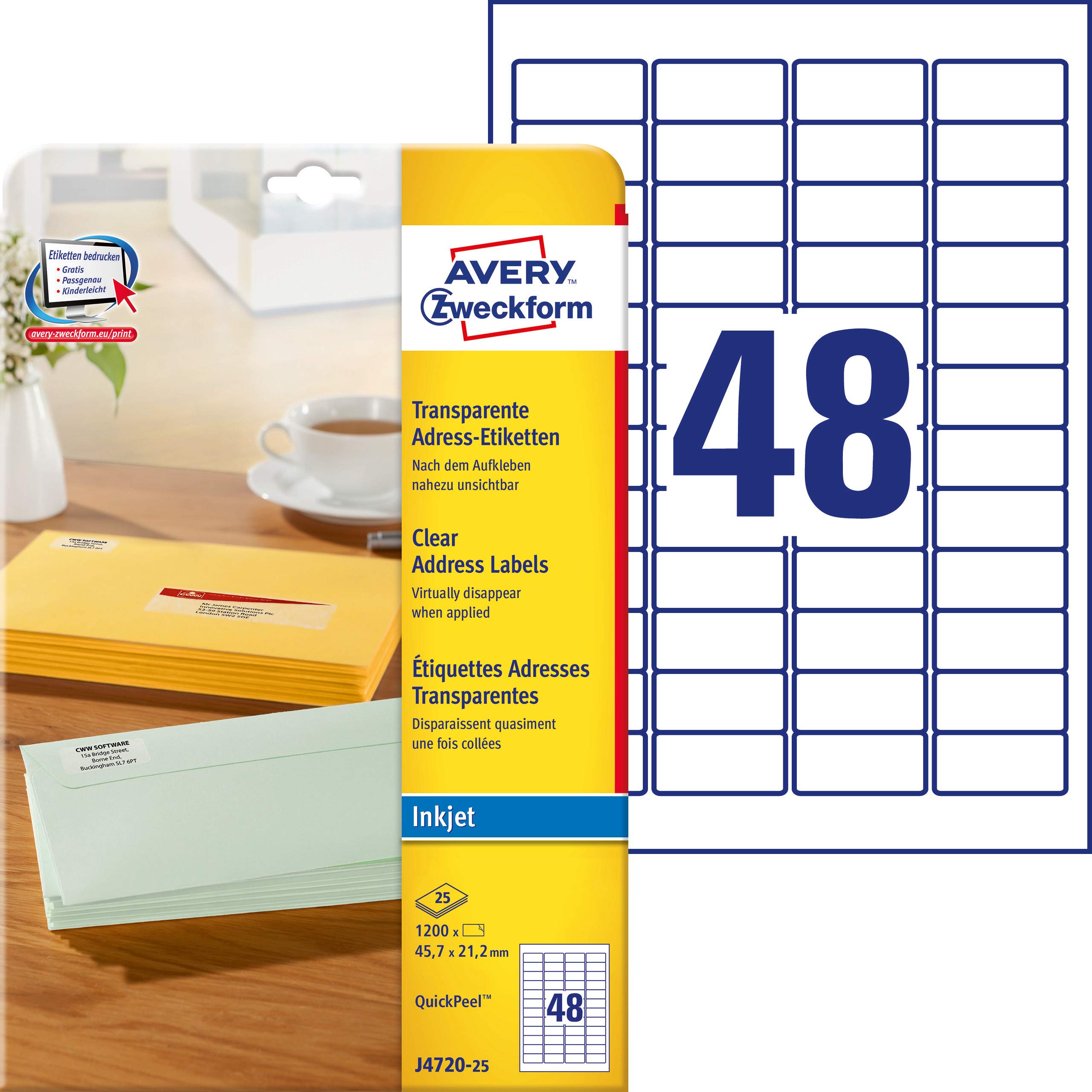 Avery Zweckform J4720-25 Transparent Address Labels 45.7 x 21.2 mm 25 Sheets