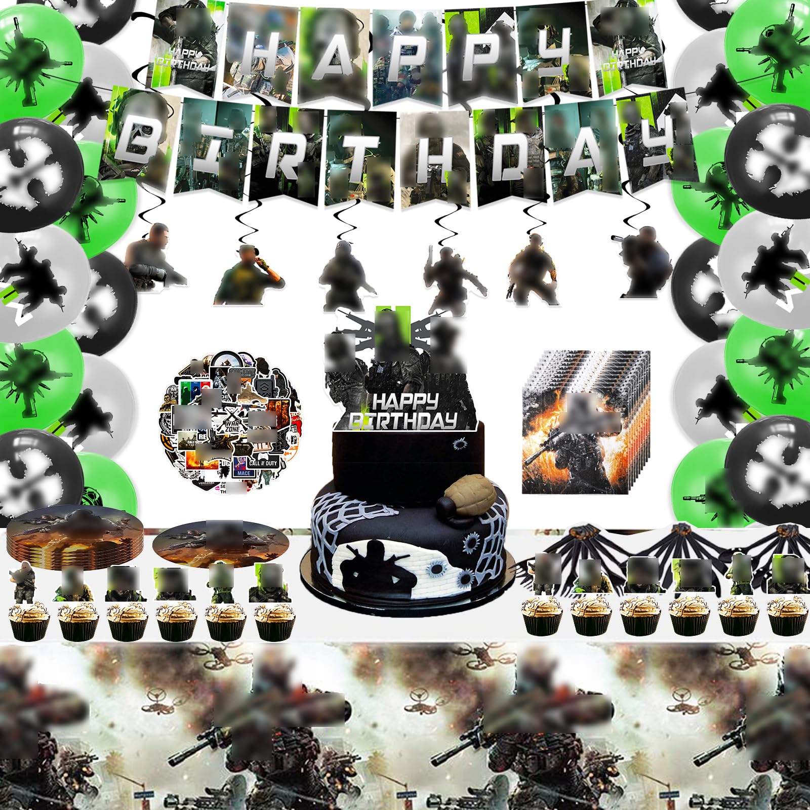 Photo 1 of 167Pcs Gaming Call Birthday Party Decorations Set, Includes Happy Birthday Banner, Cake & Cupcake Toppers, Balloons, Tablecloth, and Dinnerware for 10 Guests