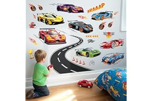 DECOWALL Race Car & Road Track Wall Decals – Large Sports Car Racing Theme for Boys Bedroom & Playroom – Peel and Stick Stick