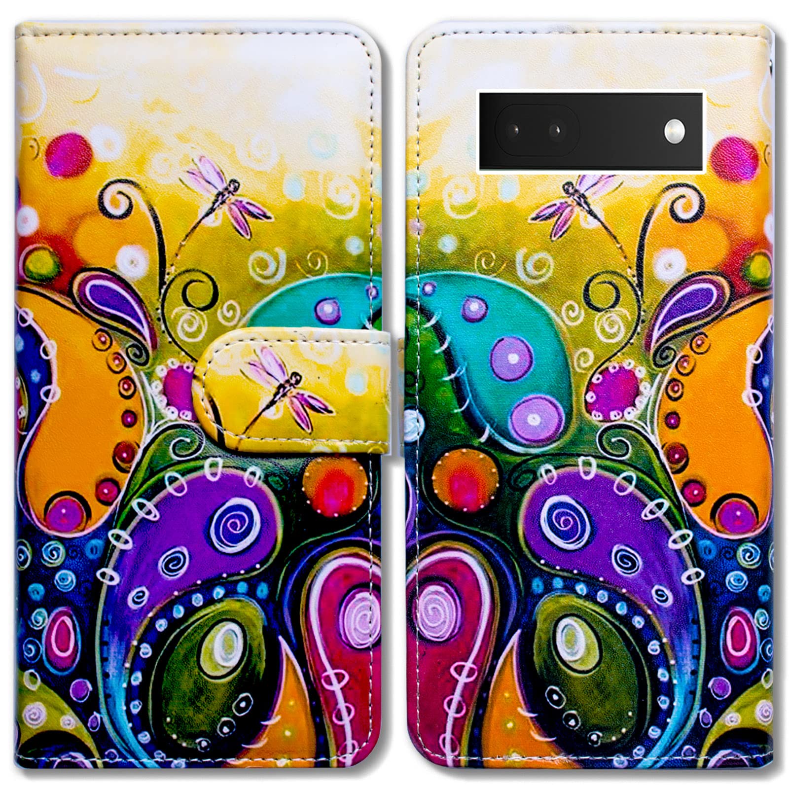 Bcov Pixel 6a Case, Colorful Dragonfly Leather Flip Phone Case Wallet Cover with Card Slot Holder Kickstand For Google Pixel 6a