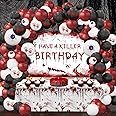 MEHOFOND Halloween Balloon Garland with Bloody Tablecloth Have a Killer Birthday Banner Black Red and Bloody Hand Print White Balloons for Halloween Scary Birthday Party Decorations Supplies