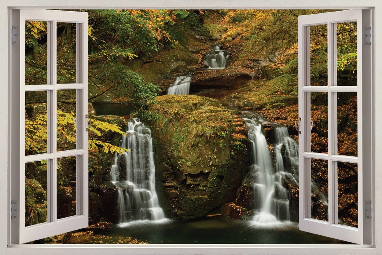 Friends Office Automation Waterfall Window Frame Style Home 3D Depth Illusion Vinyl Wall Decal Sticker- Size(90 cms x 60 cms)