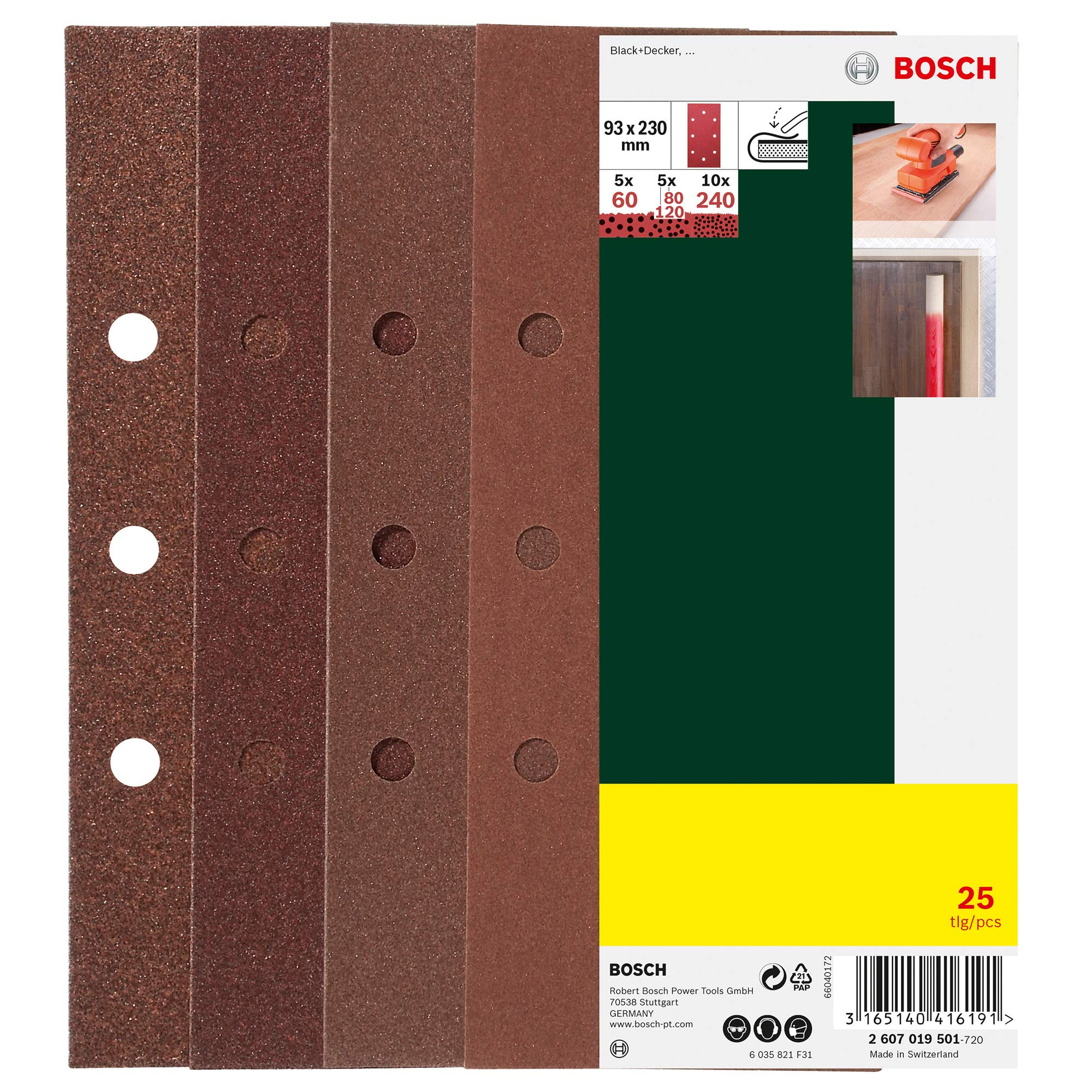 Bosch 25 Sanding Sheet Set for Orbital Sanders, B&D hole, 60-240 Grit, 93x230mm