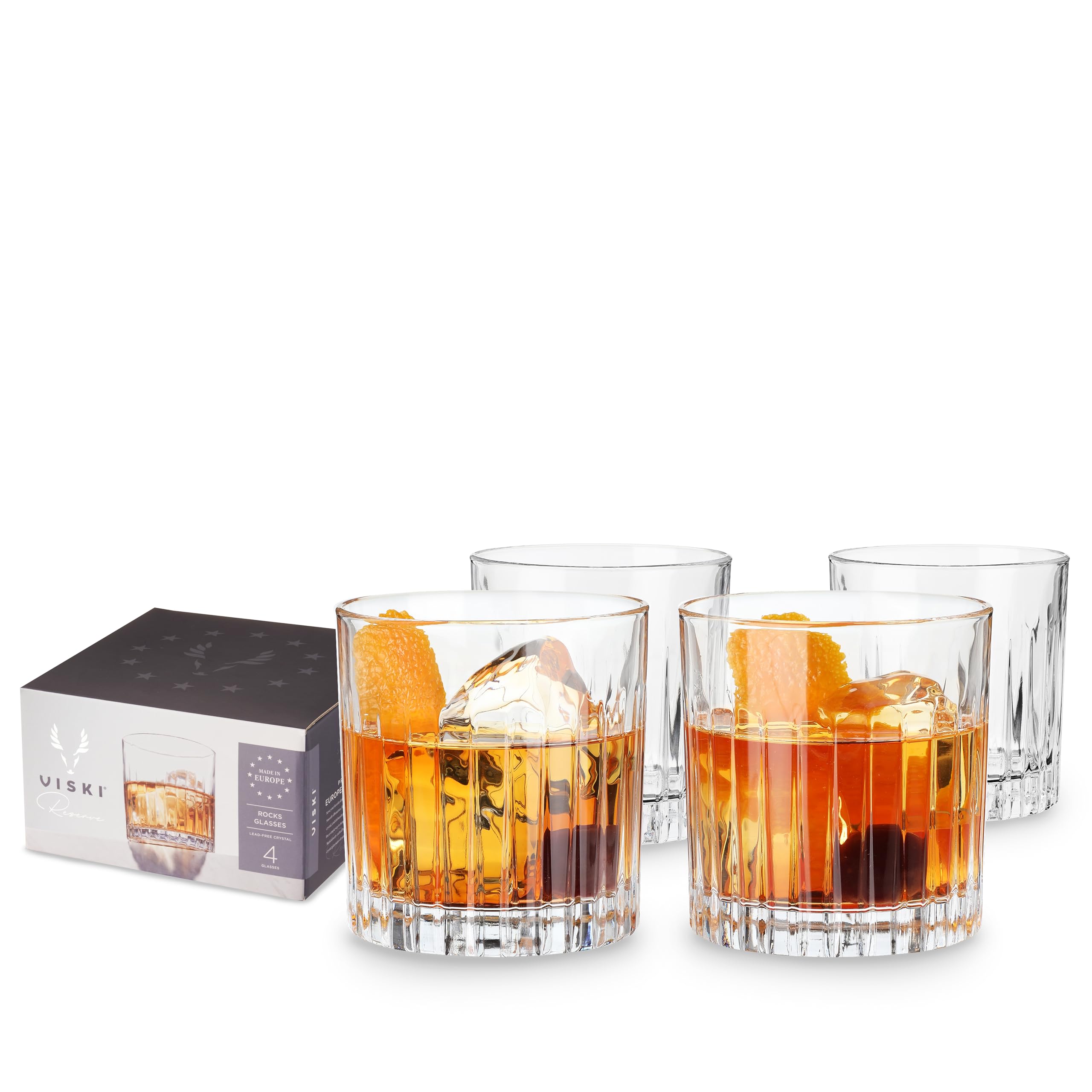 Viski Double Old Fashioned Tumblers, 4 Lead-Free Crystal Lowball Cocktail Glasses, Italian Made Glassware, Set of 4, 12oz (355ml)