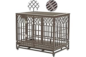 SMONTER 38in Heavy Duty Strong Metal Dog Cage Pet Kennel Crate Playpen with Wheels, Y Shape, Brown