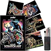 Polia ASMR Glitter Scratch Art Set (Satisfying) 5-Pack Canvas (4 Animals, 1 Freestyle, 1 Toolkit) - Art Supplies, Tools &amp; Repair Pen - Large 16x11 inches - Relaxing Etch Sound Art Kit