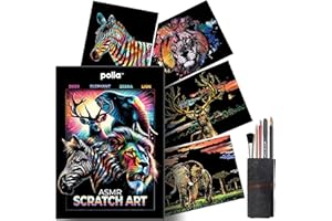 Polia ASMR Glitter Scratch Art Set (Satisfying) 5-Pack Canvas (4 Animals, 1 Freestyle, 1 Toolkit) - Art Supplies, Tools & Repair Pen - Large 16x11 inches - Relaxing Etch Sound Art Kit