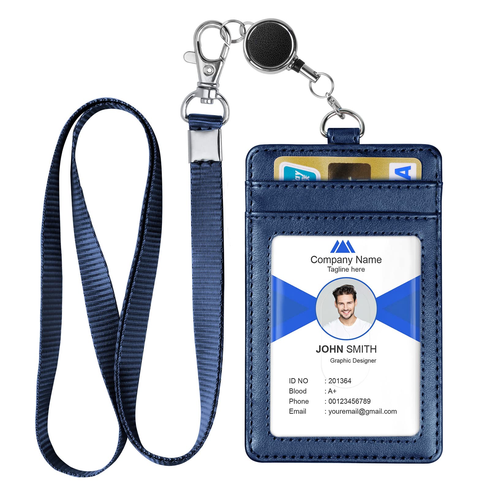 OFFCUP PU Leather Badge Holder, ID Card Holder, Credit Card Wallet with Nylon Lanyard and Zipper Pocket 1 Clear ID Window and 3 Card Slots for Office School ID Credit Cards, Driver Licence (Dark Blue)