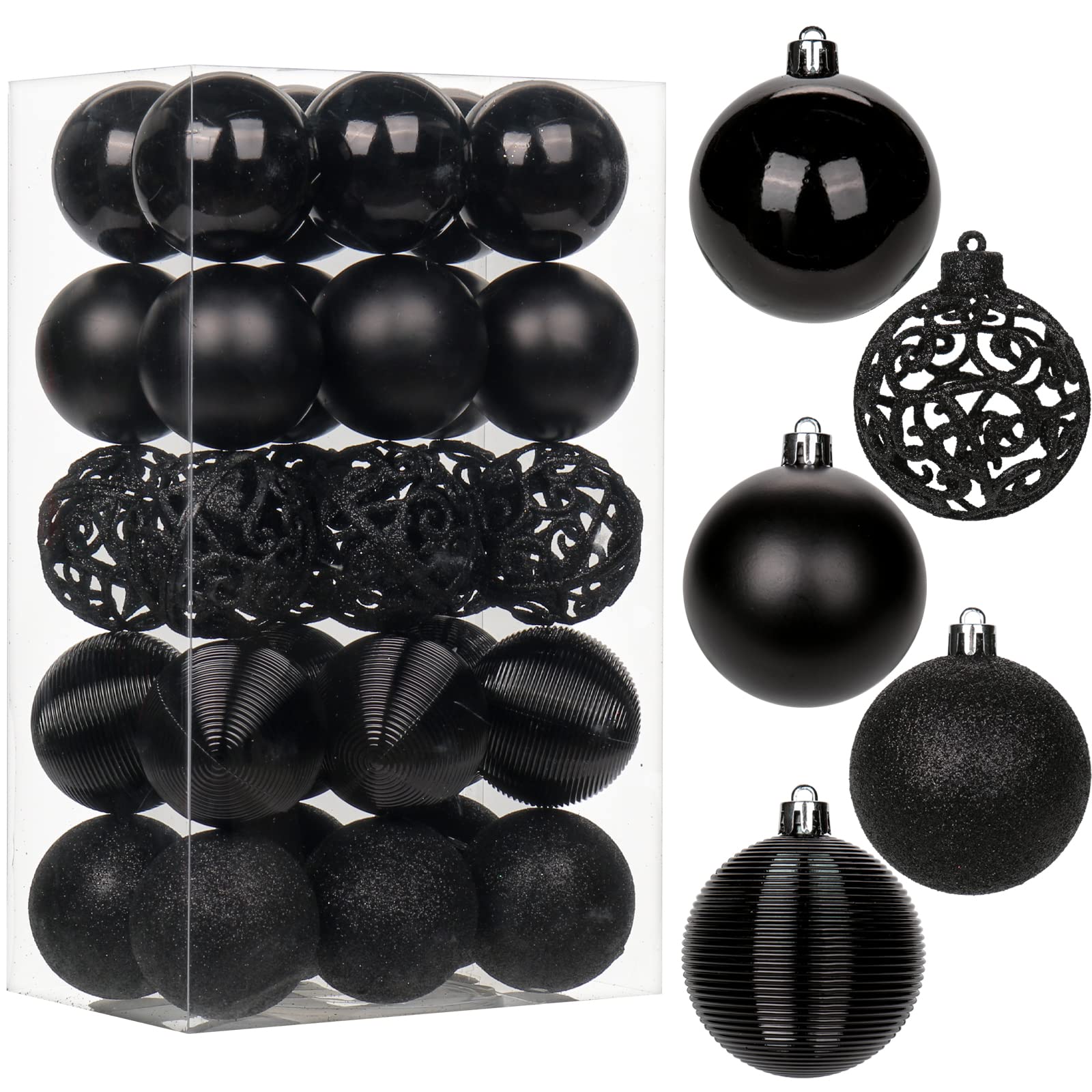 30 pcs Christmas Baubles Xmas Ball Ornaments with Strings, 60mm/2.4" Black Shatterproof Plastic Hanging Decorations, Christmas Tree Pendants for Home Party Wedding Holiday