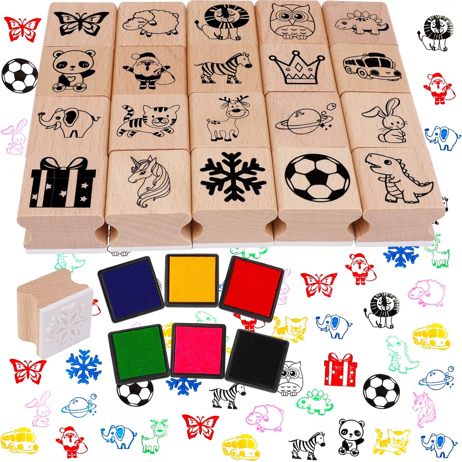 HOWAF 26pcs Wooden Stamps for Kids Crafting with Ink Pad Animal Santa Unicorn Dinosaur Football Snowflake Stamps for Children DIY Scrapbooks Card Making Printing Craft Gift Wrapping Paper Supplies - Image 3